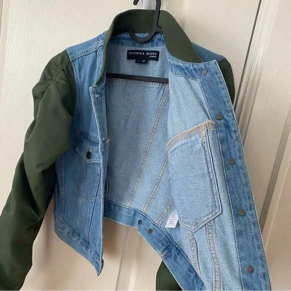 $498 NWOT Veronica Beard Emelia Denim Paneled Ruched Sleeves Bomber Jacket sz S